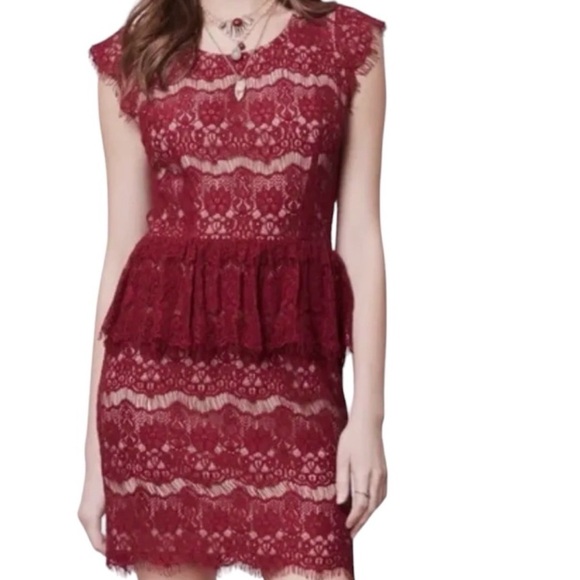 Anthropologie Maeve Elsa Burgundy Lace Peplum Lined Dress Size XS - Picture 3 of 11